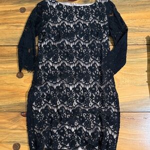 Jessica Howard Beautiful Black Lace Midi Dress with Nude Lining, NWT